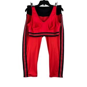 Ruby Ribbon Cross Back Sport Bra Cropped Leggings Womens XL/40 Red Black Striped